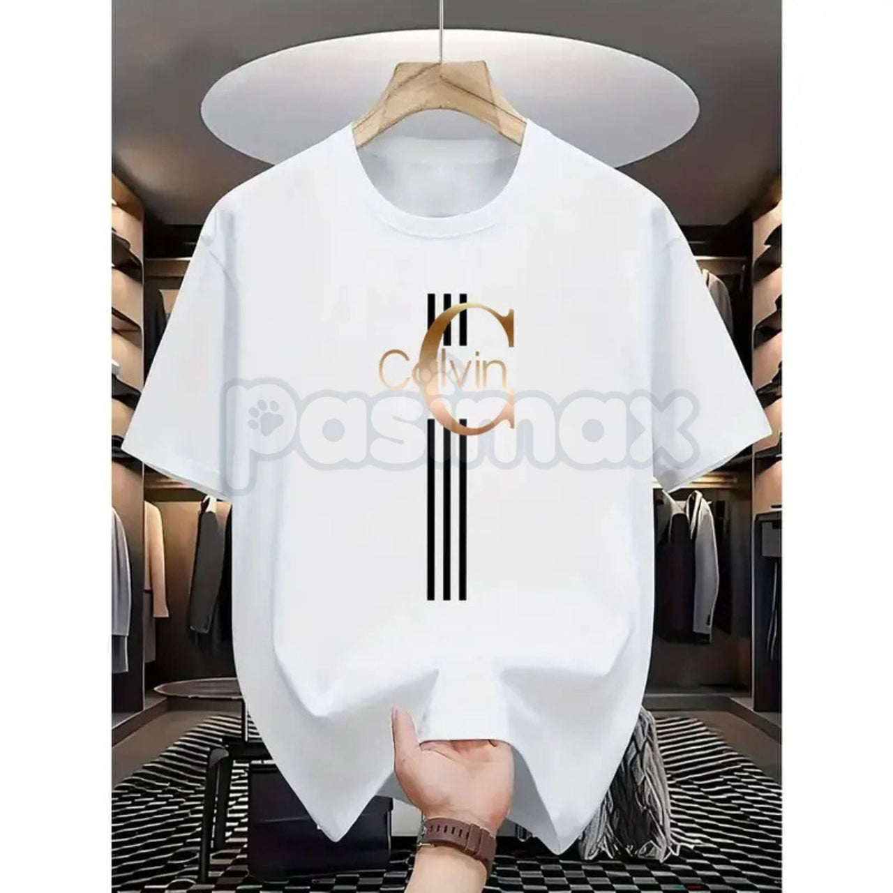 Men's Casual Calvin Print T-Shirt - Black & Gold Stripes Streetwear Tee, Comfortable Summer Crew Neck Top, Modern Urban Graphic Daily Essential Apparel