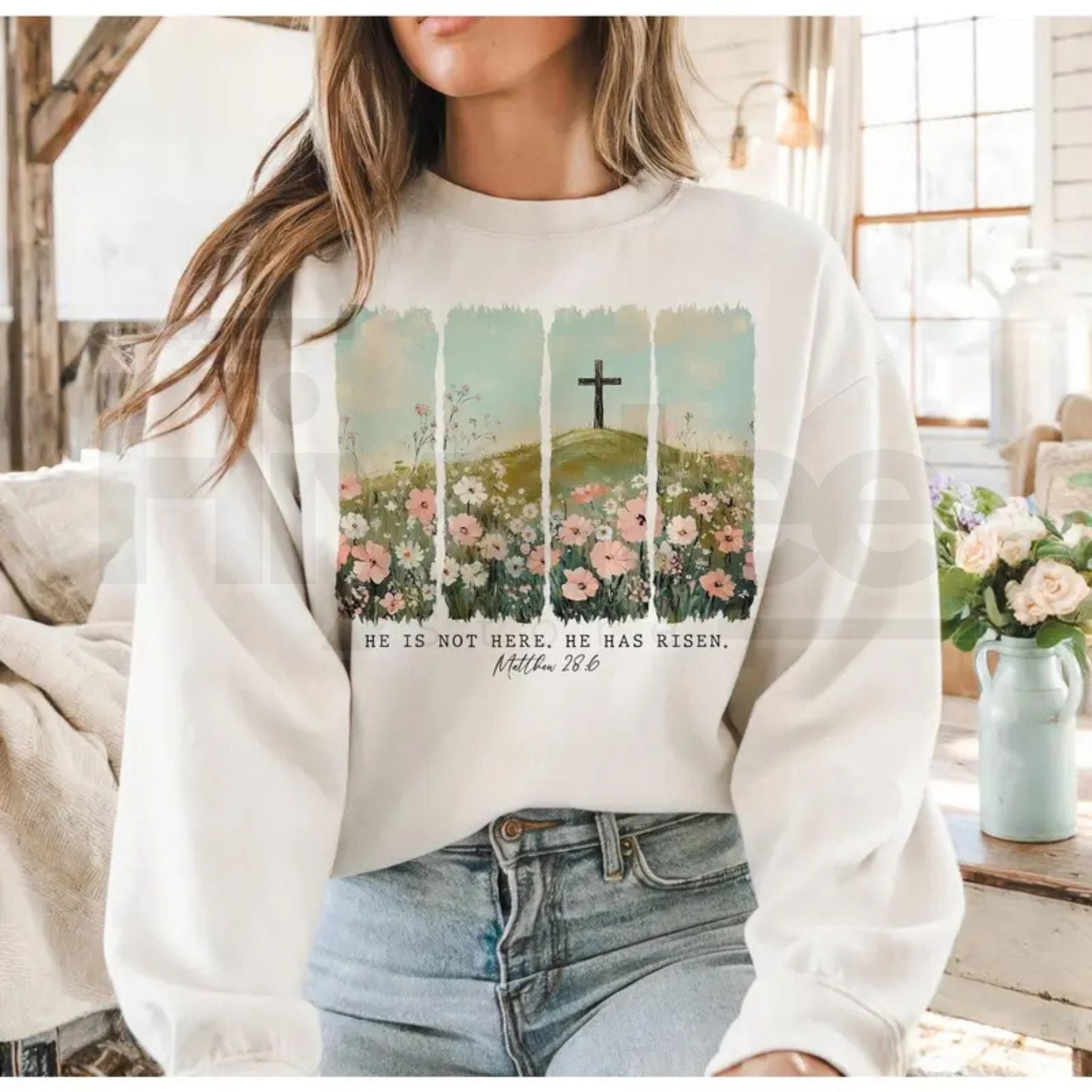 He Is Risen Wildflower Crewneck: Aesthetic Boho Christian Easter Sweatshirt