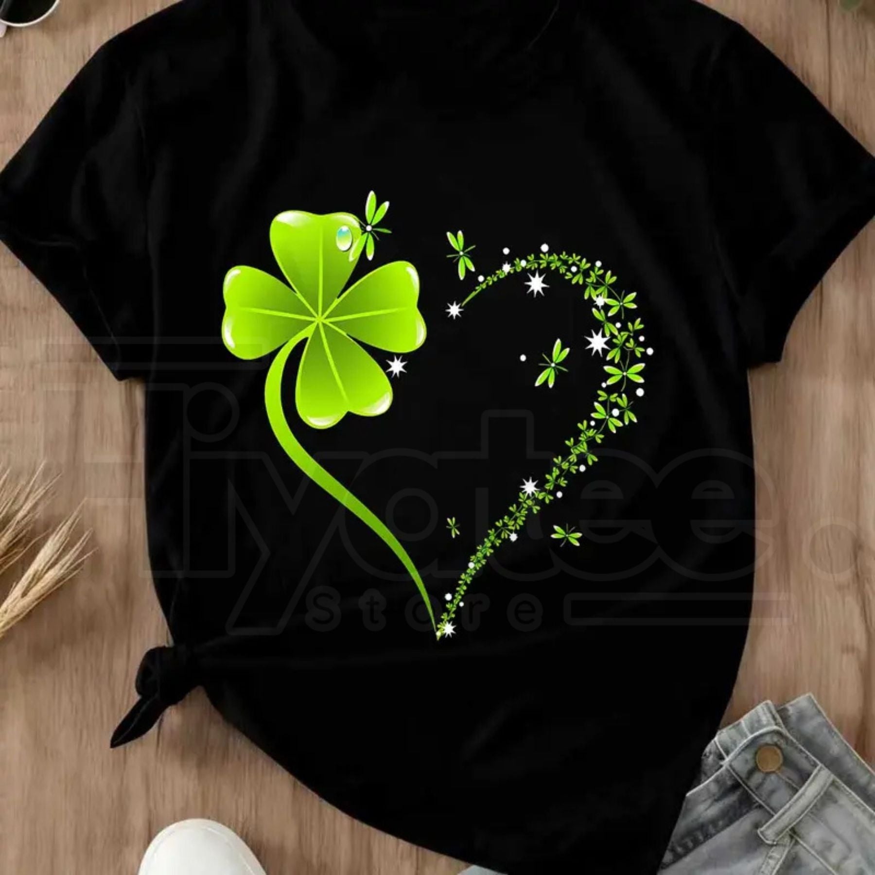 Four Leaf Clover Heart T-Shirt – St. Patrick's Day Celebration Crew Neck