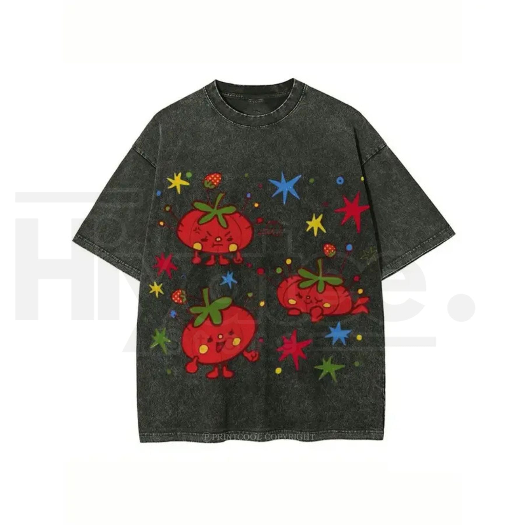 Cute Tomato Graphic Vintage Washed T-Shirt – Batik Cotton Oversized Unisex Tee