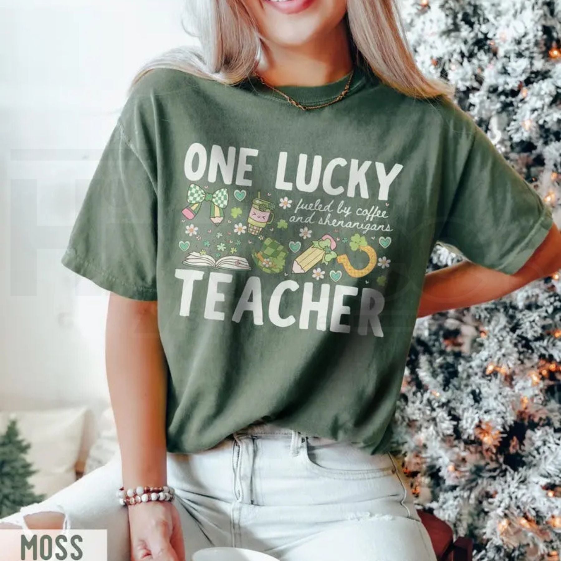 Comfort Colors® One Lucky Teacher St Patrick's T-Shirt – 'Fueled By Coffee and Shenanigans' Clover Tee