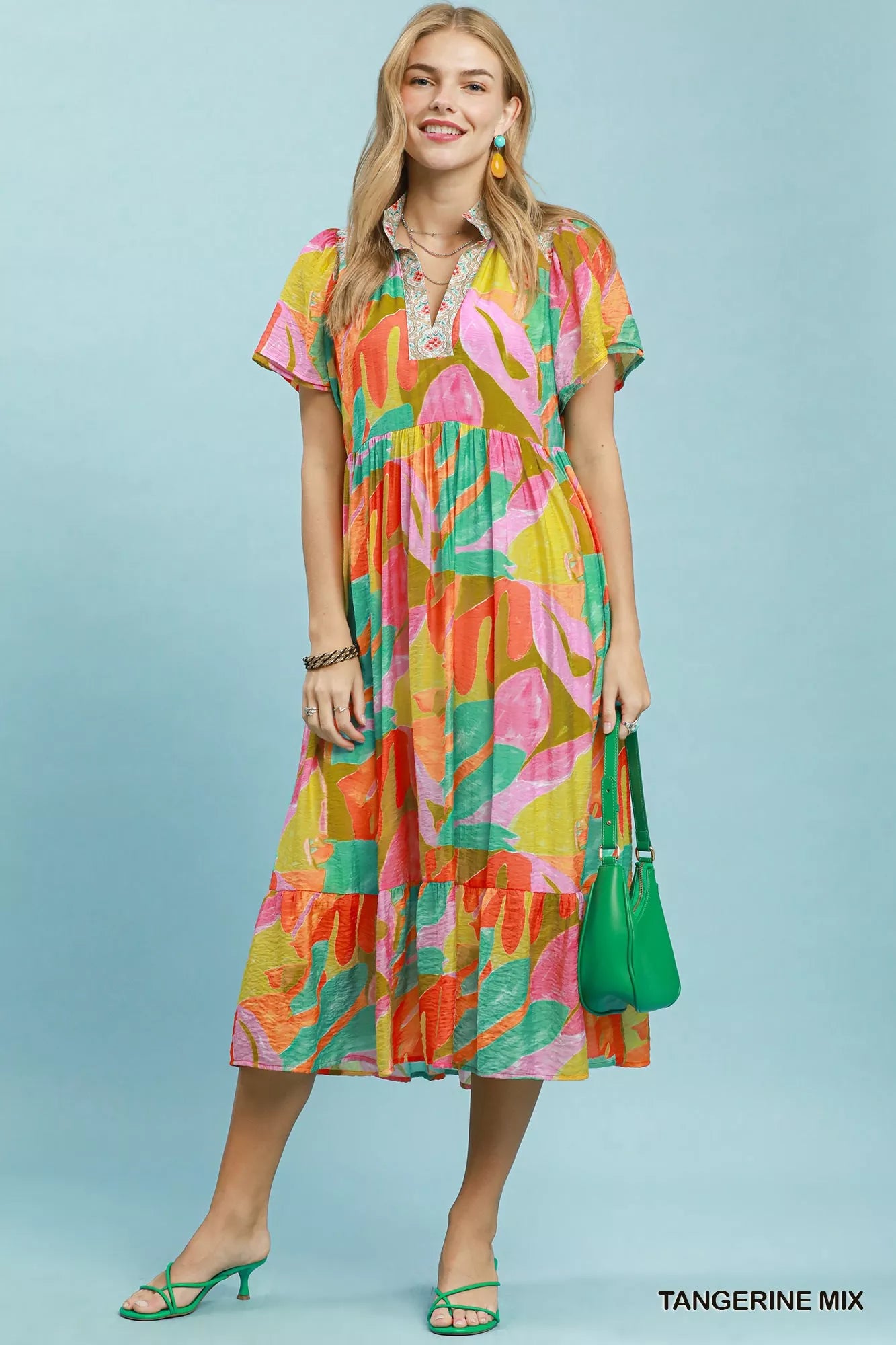 Umgee Abstract Tropical Print Tiered Midi Dress