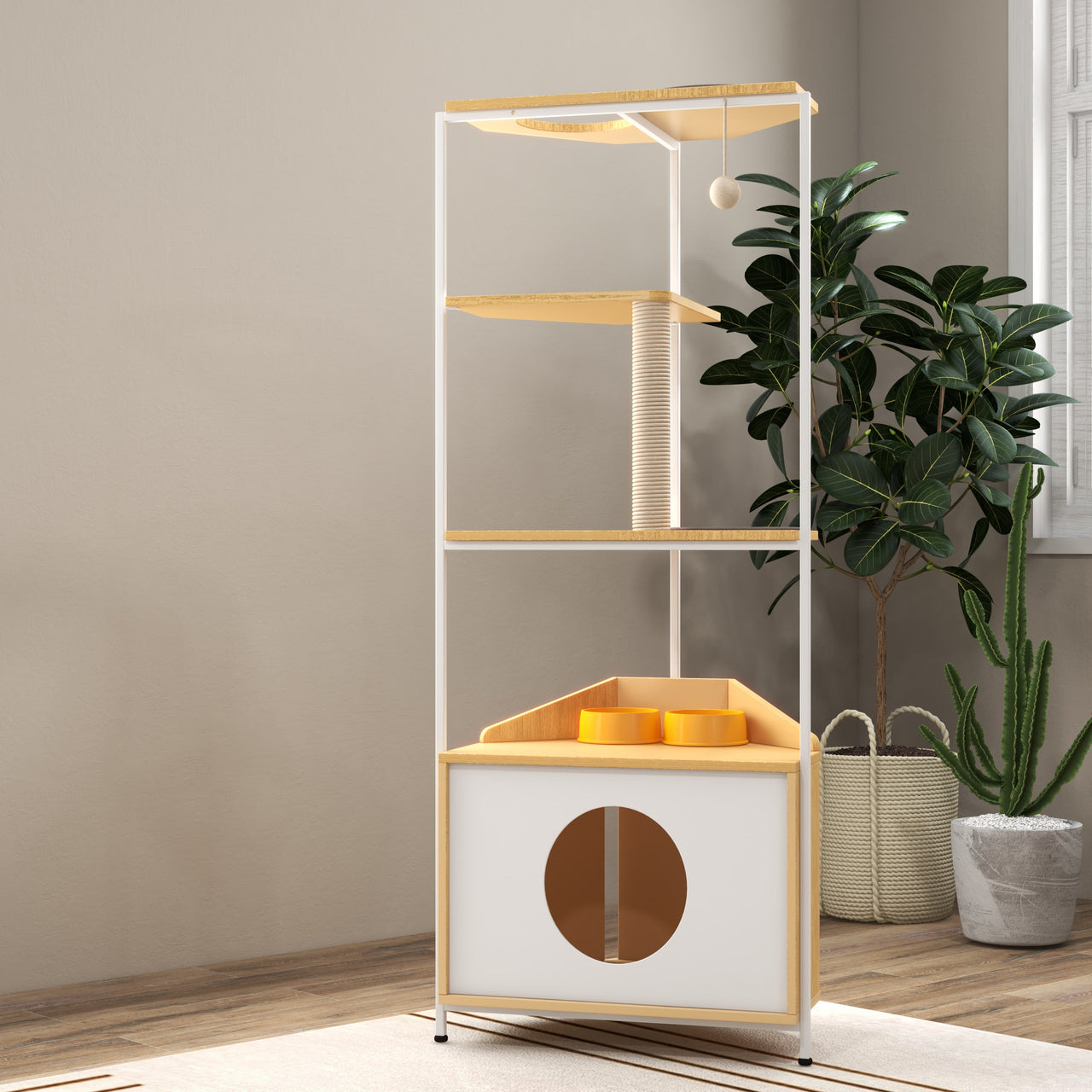 Modern Corner Cat Tower with Scratching Post, Cat Condo and Feeding Station, White and Light Oak Particle Board, 58.27-inch Height