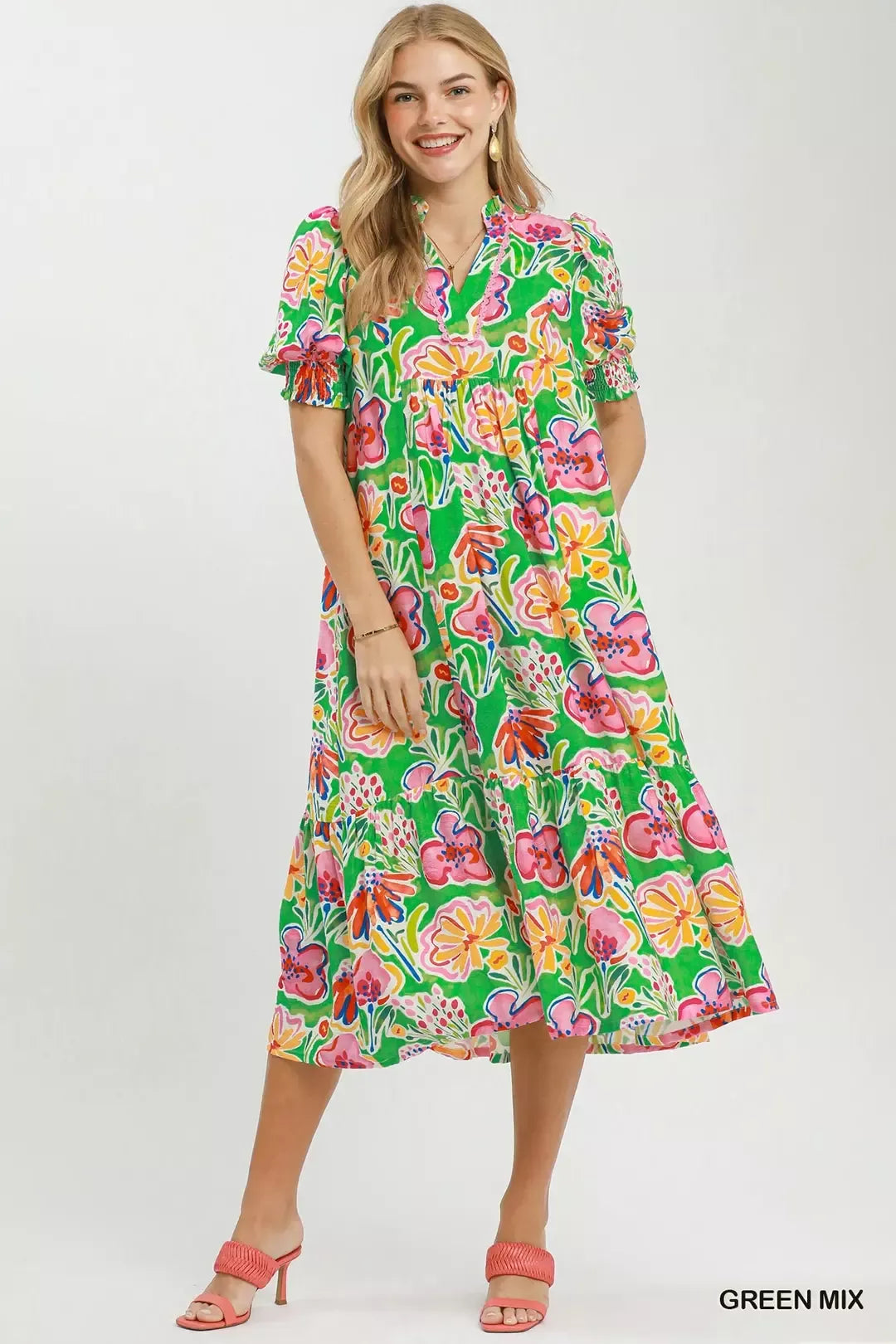 Umgee Floral Print Puff Sleeve Tiered Midi Dress