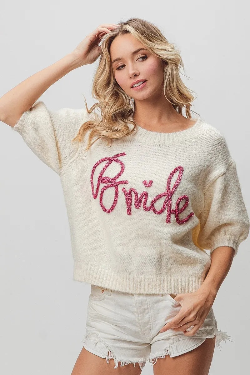 BiBi Metallic Letter Short Puff Sleeve Hairy Sweater
