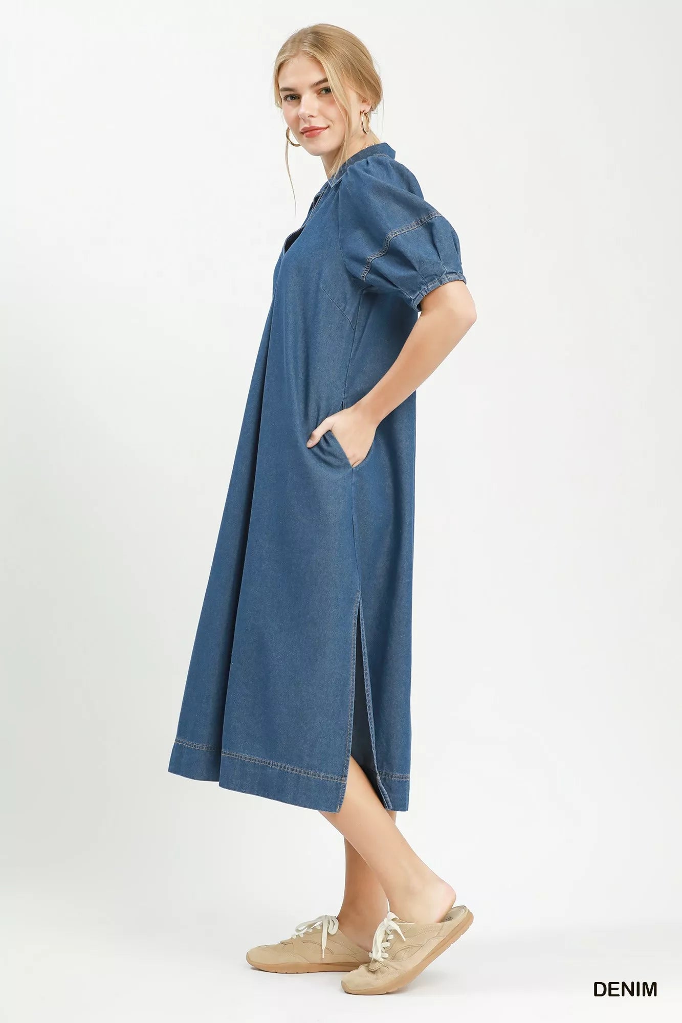Umgee Chambray Collared Puff Sleeve Dress