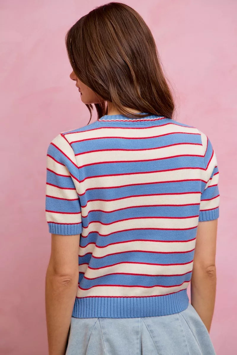 SO ME Stripe Knit Crew Neck Short Sleeves Sweater Top