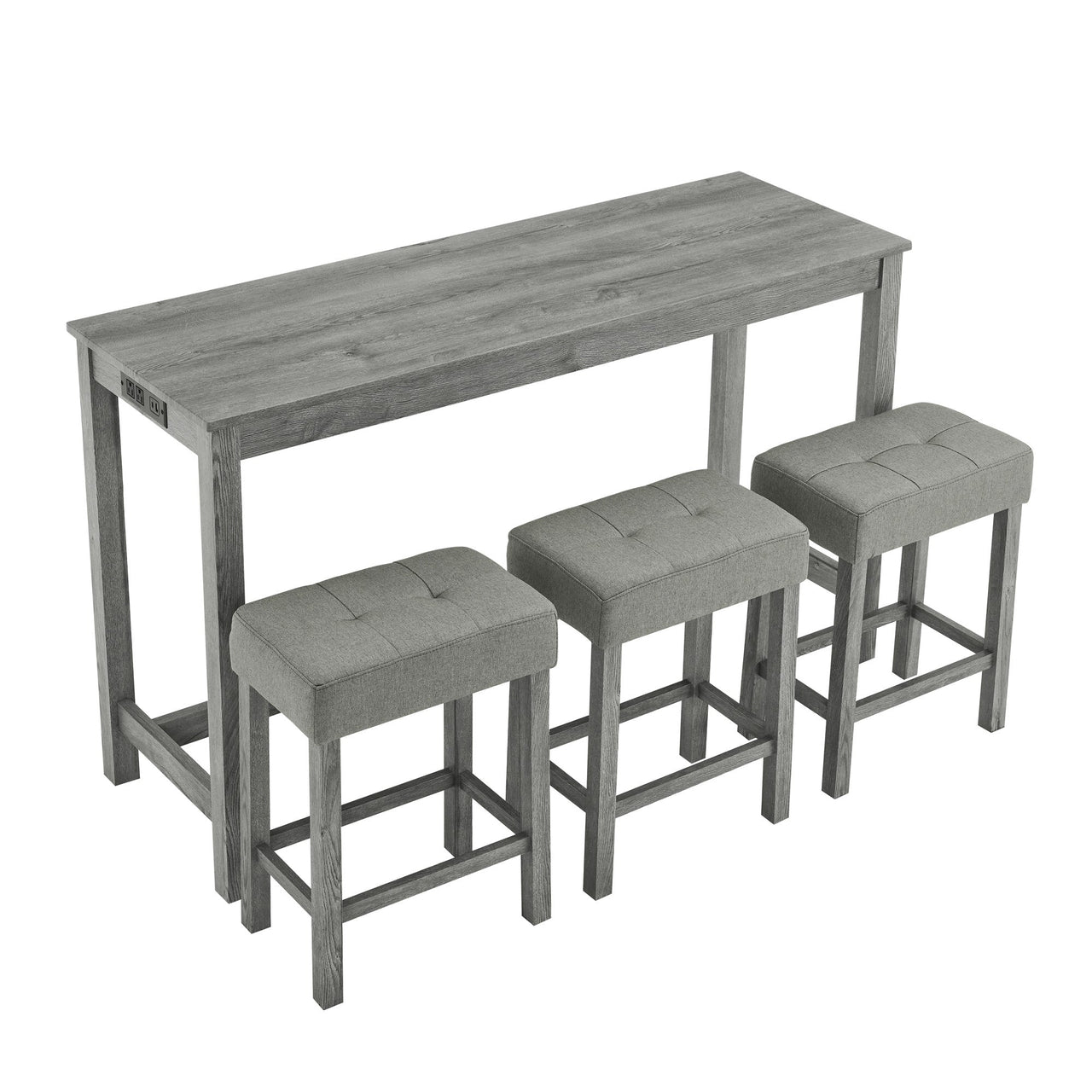 59 Inch Bar Table, Dining Table, Sofa Table with Power Outlet, 3 Upholstered Stools, 4 Piece Bar Table and Chair Set for Living Room, Dining Room, Kitchen