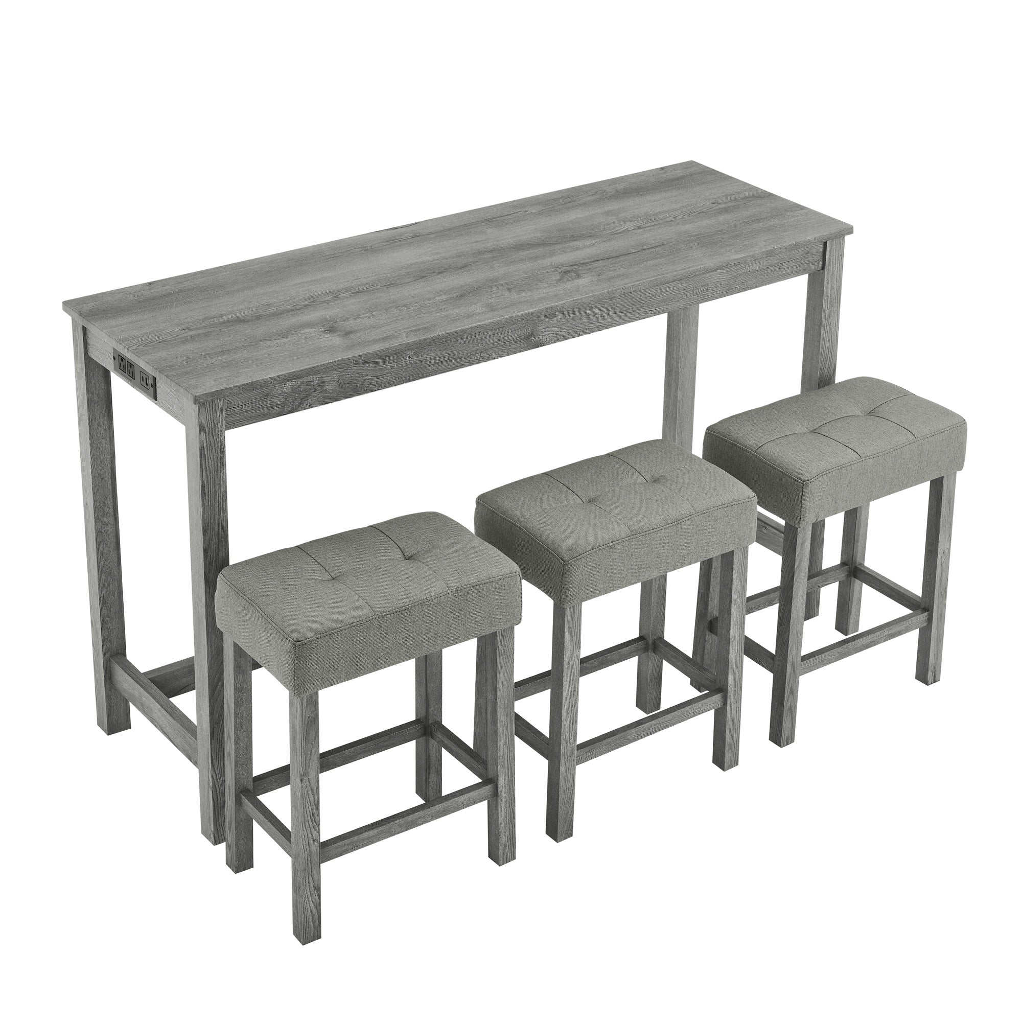 59 Inch Bar Table, Dining Table, Sofa Table with Power Outlet, 3 Upholstered Stools, 4 Piece Bar Table and Chair Set for Living Room, Dining Room, Kitchen