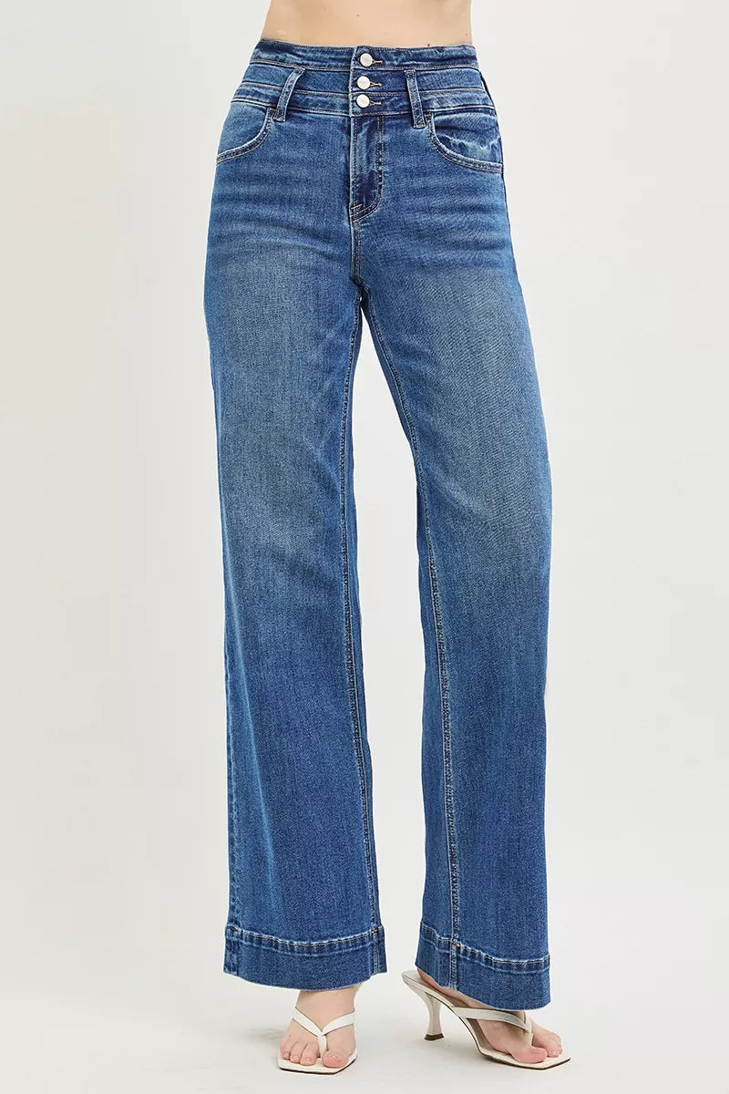 RISEN High Rise Wide Leg Wide Band Detail Jeans