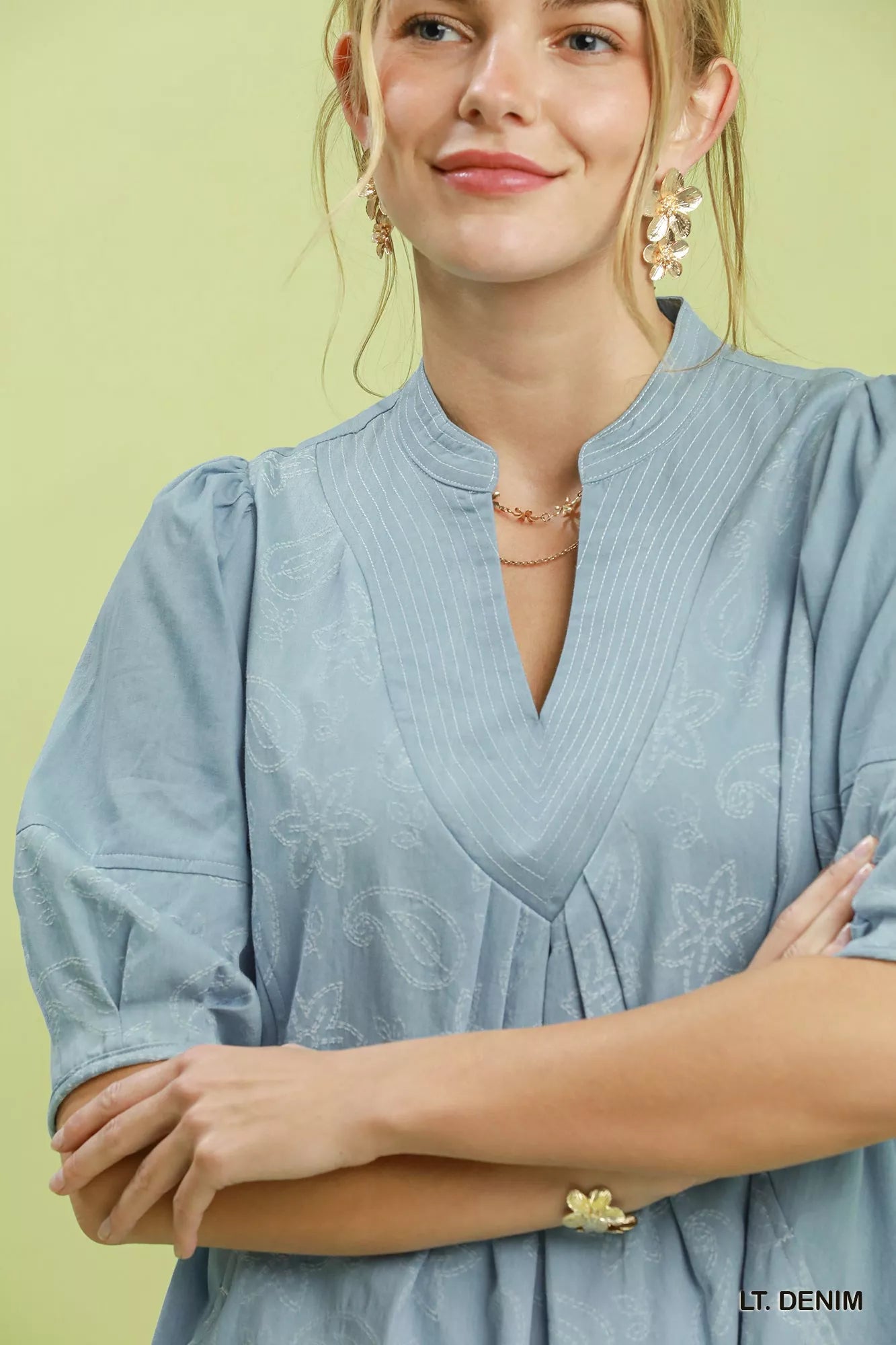 Umgee Print Denim Dress with Contrast Stitch