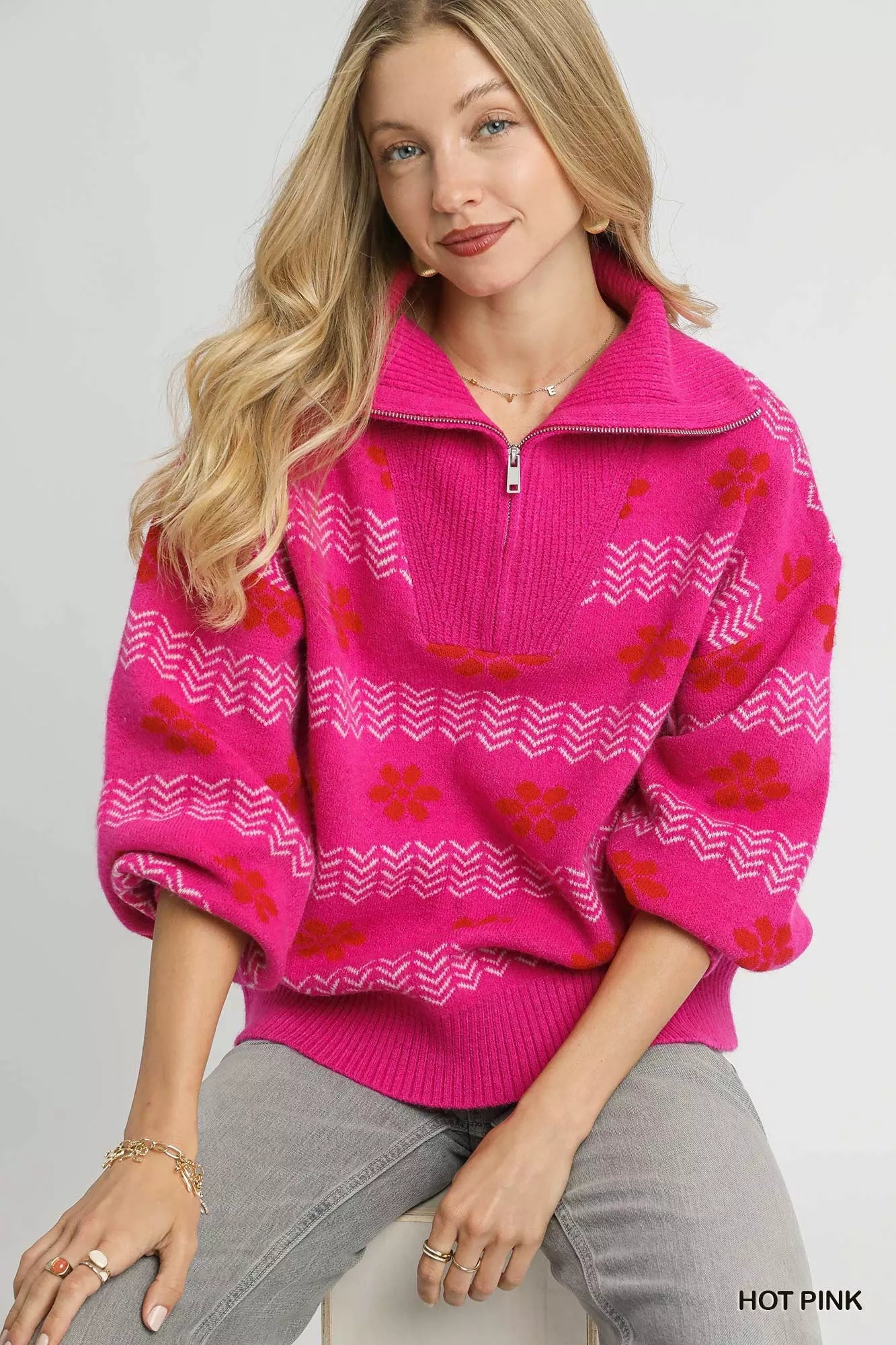 Umgee Floral Patterned Jacquard Quarter-Zip Pullover Sweater