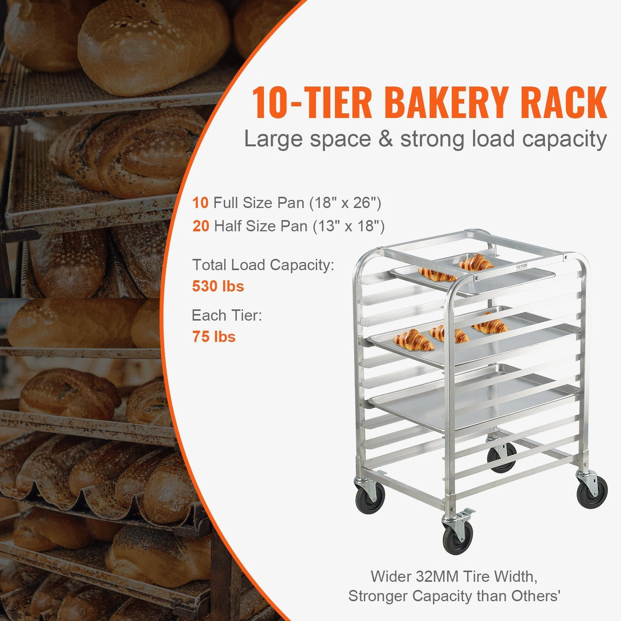 Bun Pan Rack, 10-Tier Commercial Bakery Racks with Brake Wheels, Aluminum Racking Trolley Storage for Half & Full Sheet, Speed Rack For Kitchen Home, Bread Baking Equipment, 26'L x 20.3'W x 39'H