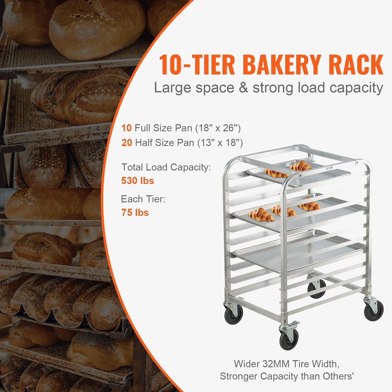 Bun Pan Rack, 10-Tier Commercial Bakery Racks with Brake Wheels, Aluminum Racking Trolley Storage for Half & Full Sheet, Speed Rack For Kitchen Home, Bread Baking Equipment, 26'L x 20.3'W x 39'H