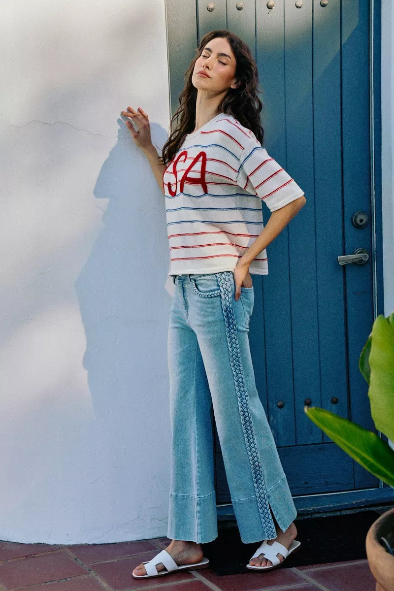 SO ME Usa Stripe Knit Short Sleeves Sweater Top