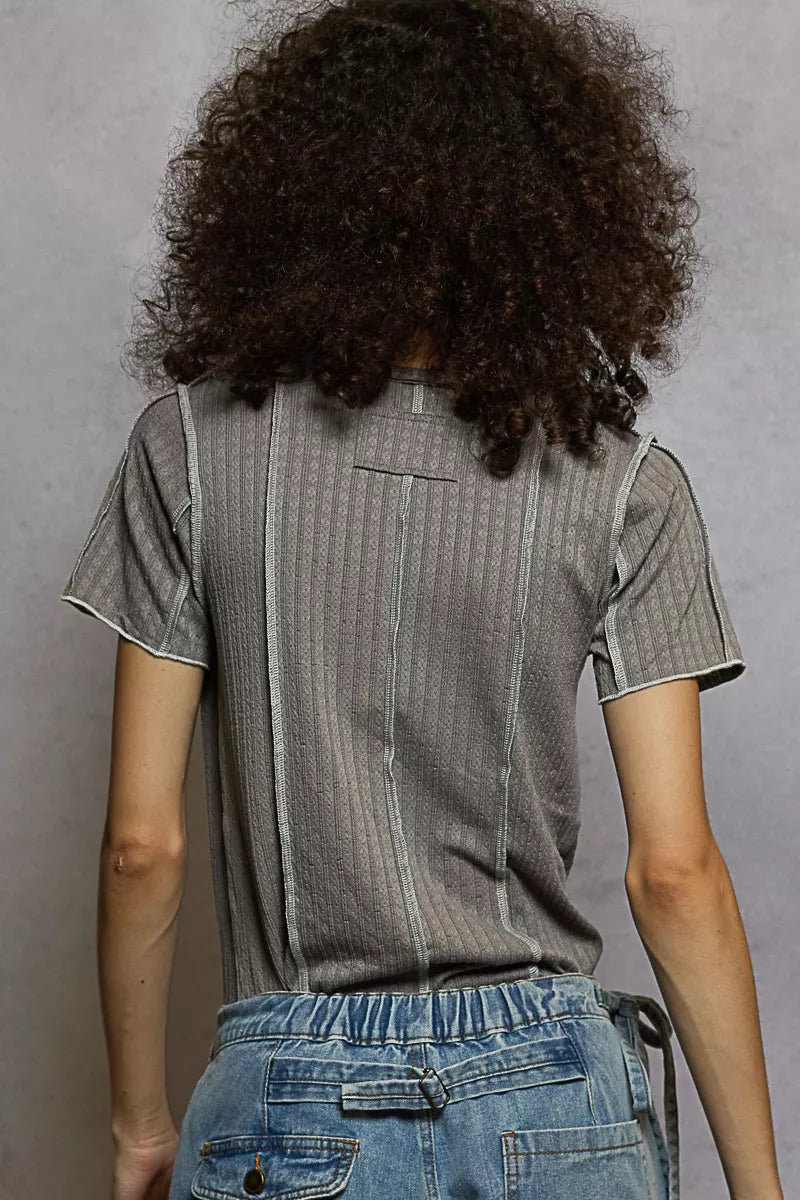 POL V-Neck Short Sleeve Top with Stitch Seam Detail