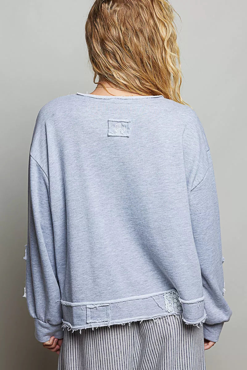 POL Exposed Outseam Crochet Patch V-Neck Sweatshirt with Open Wrap-Style Design