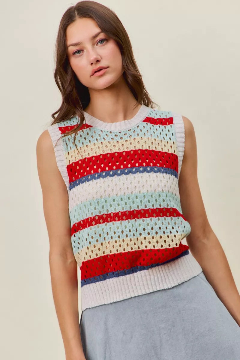 SO ME Tie Back Multi Stripe Sweater Knit Tank Top