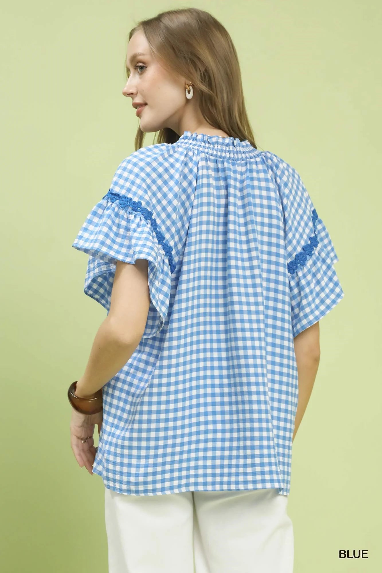 Umgee Gingham Lace Trim Top