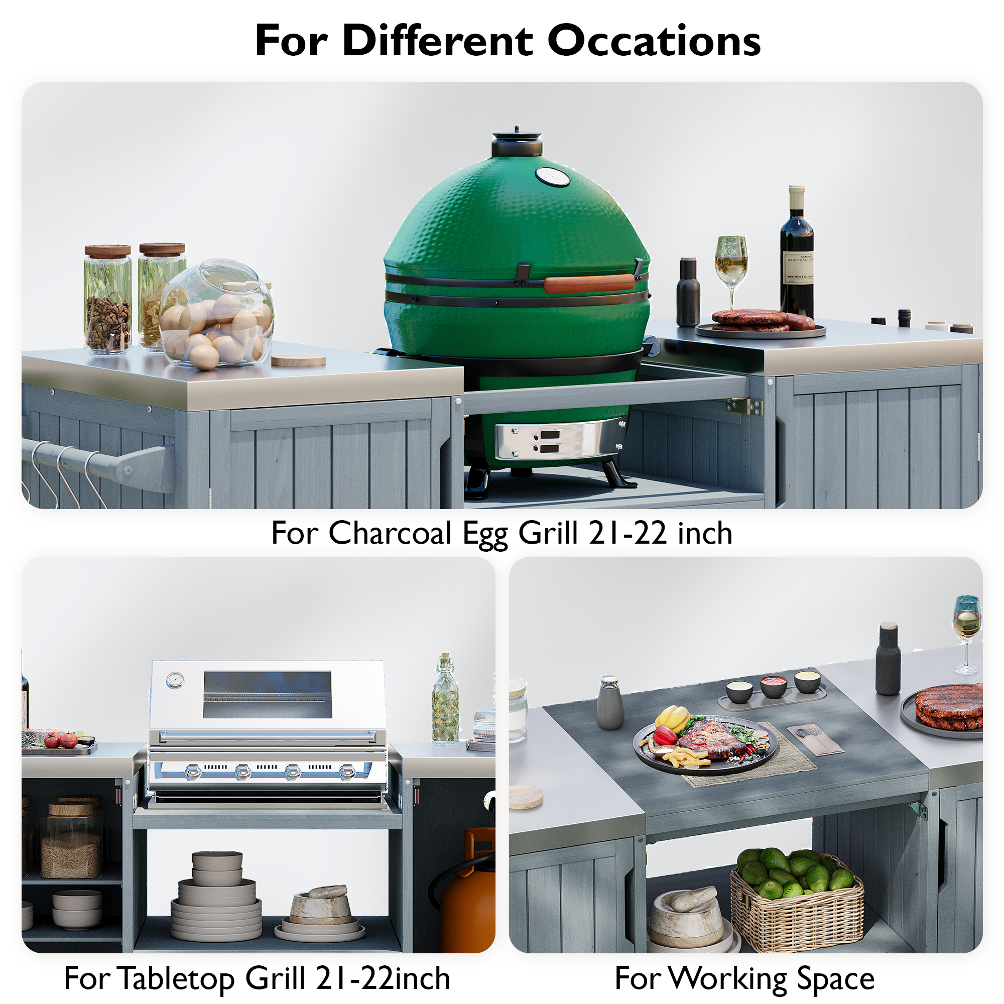 K&K 66.5' Outdoor Kitchen Island for Big Green Egg Grills, Solid Wood Outdoor Grill Cart for Tabletop Grill with Stainless Steel Top, Drawer, Compatible with Large Big Green Egg, Kamado Joe- Grey Blue