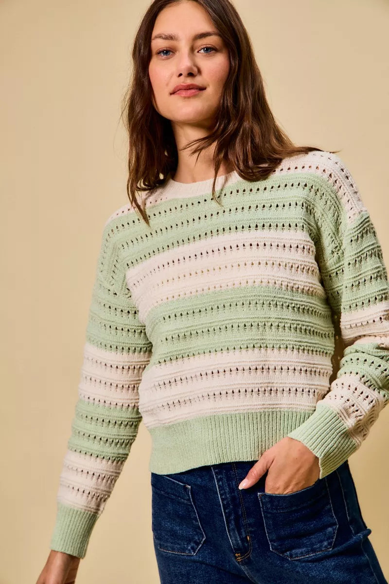 SO ME Openwork Round Neck Wide Stripe Textured Sweater