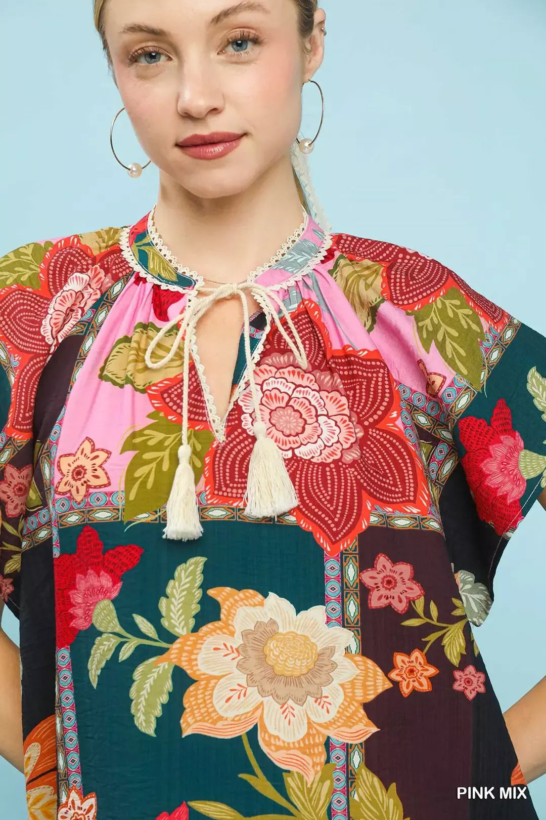 Umgee Mix Floral Patchwork Tassel Tie Top