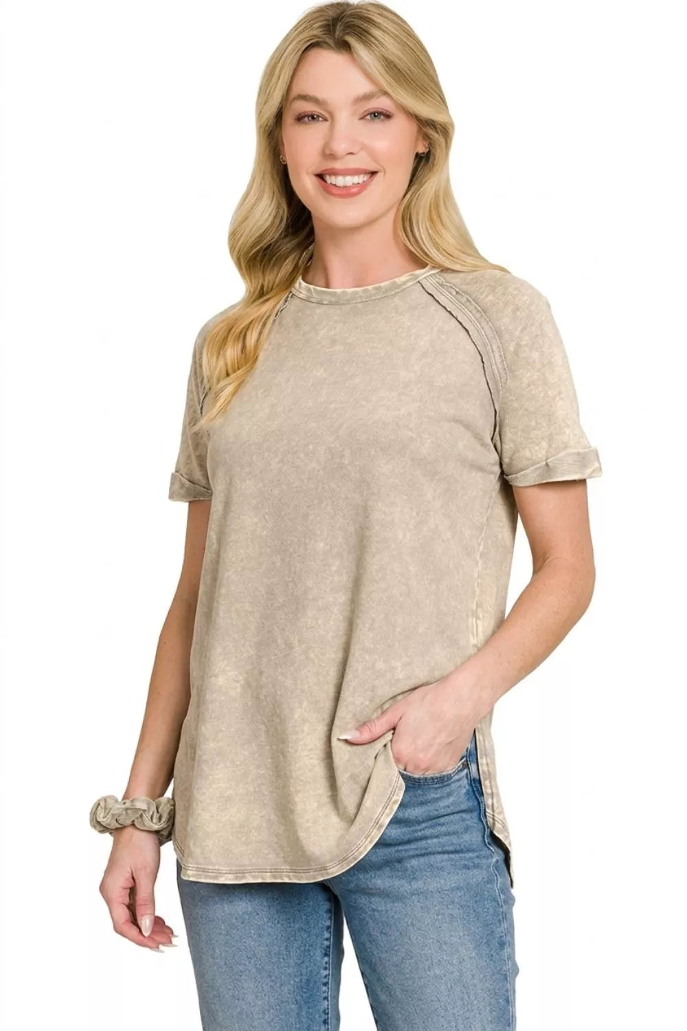 Zenana French Terry Washed Curved Hem Top