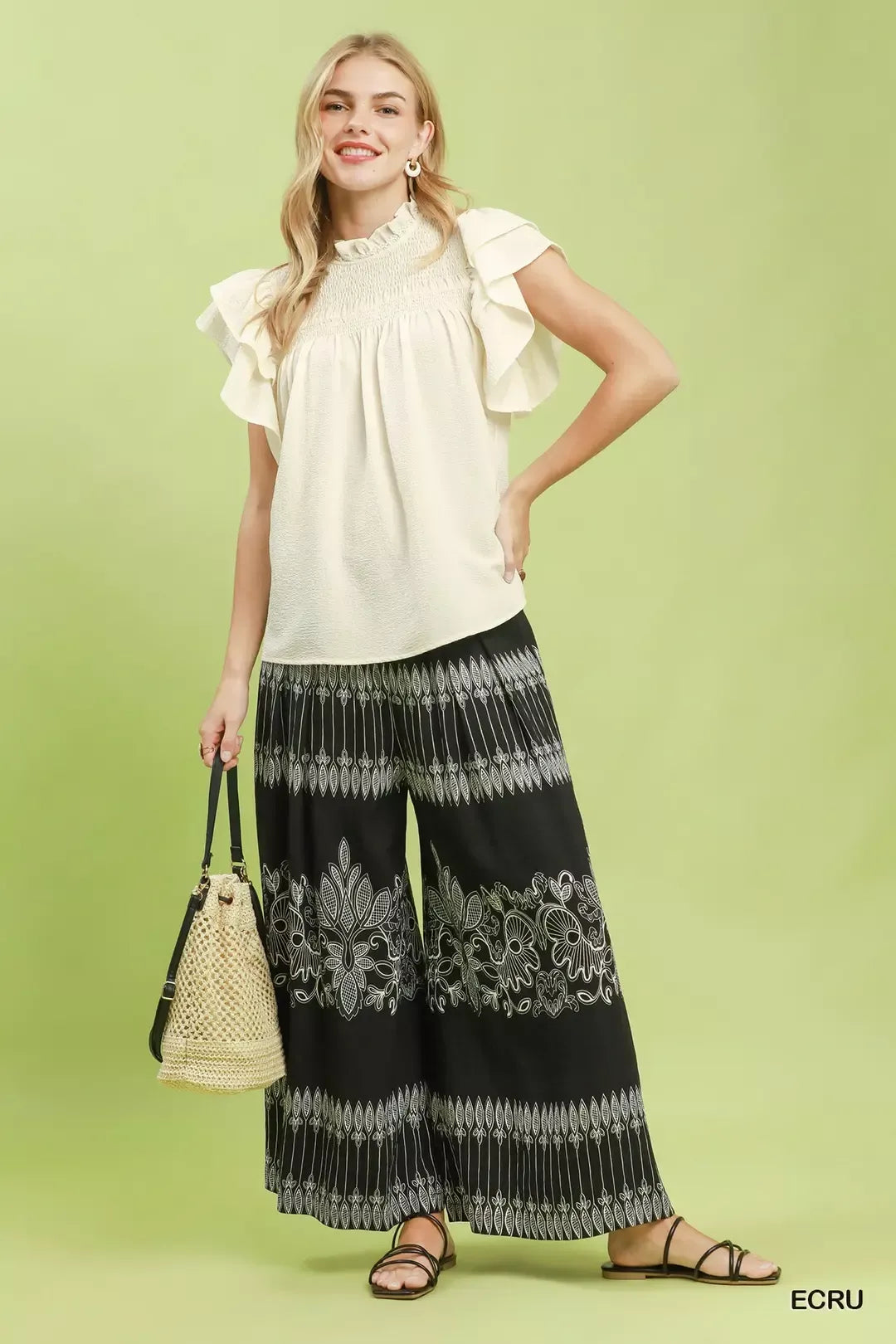 Umgee Smocked Ruffle Sleeve Textured Top