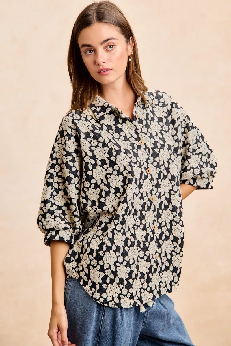 BiBi Floral Jacquard Short Dolman Sleeves Shirt