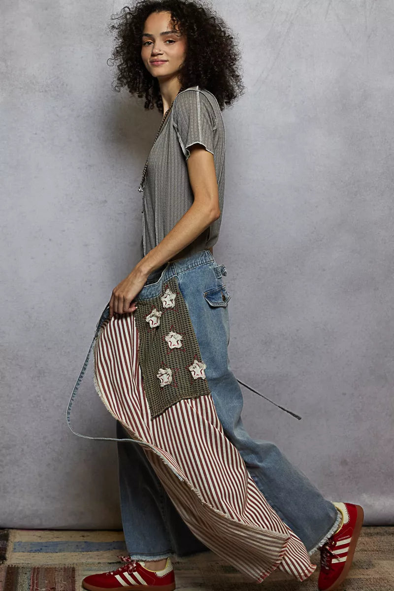 POL V-Neck Short Sleeve Top with Stitch Seam Detail