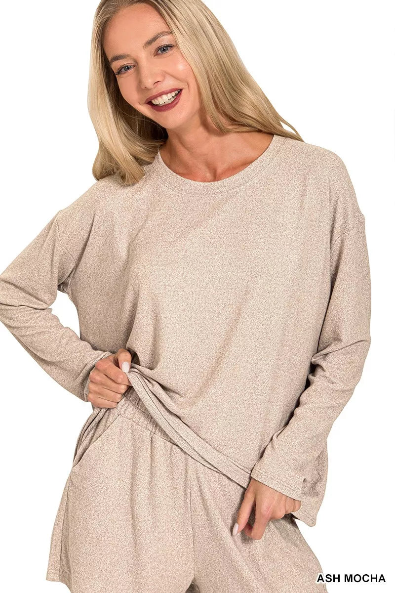 Zenana Soft Melange Long Sleeve Tee and Shorts Set