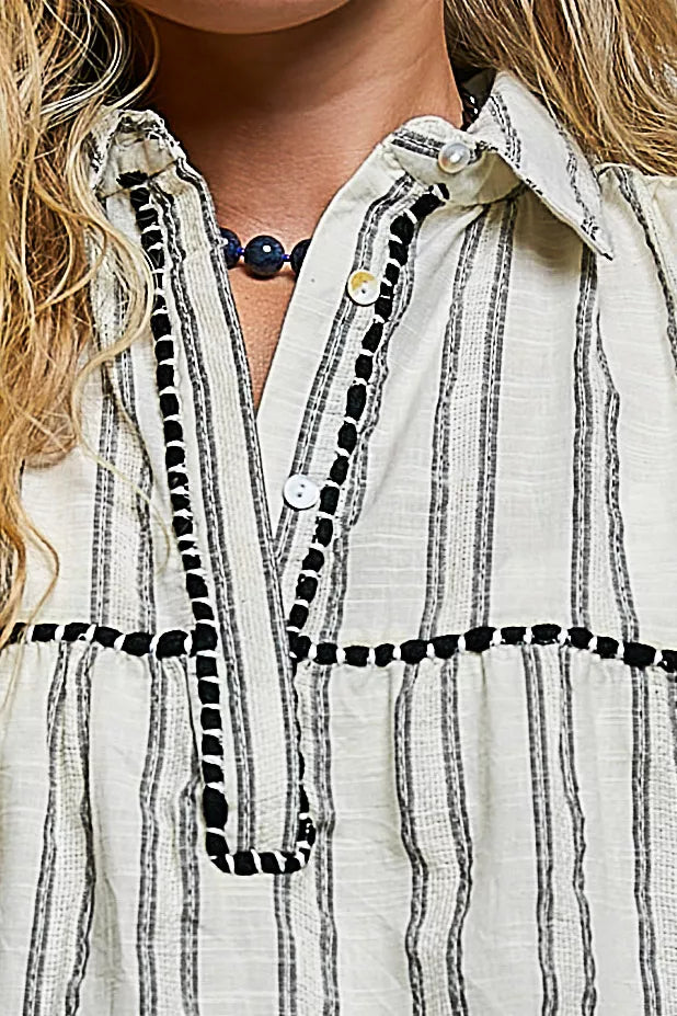 POL Striped Ruffle Collared Sleeveless Cotton Top