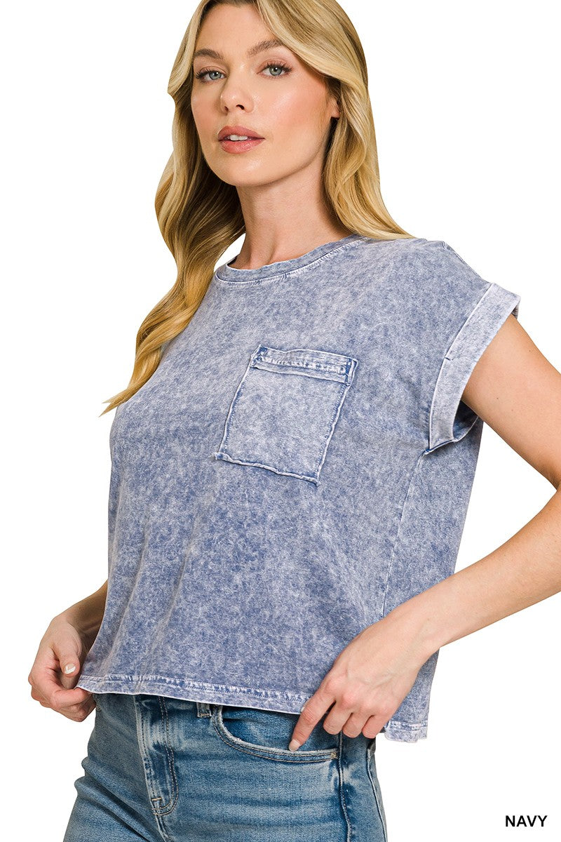 Zenana Halo Snow Washed Cotton Cuffed Short Sleeve Top