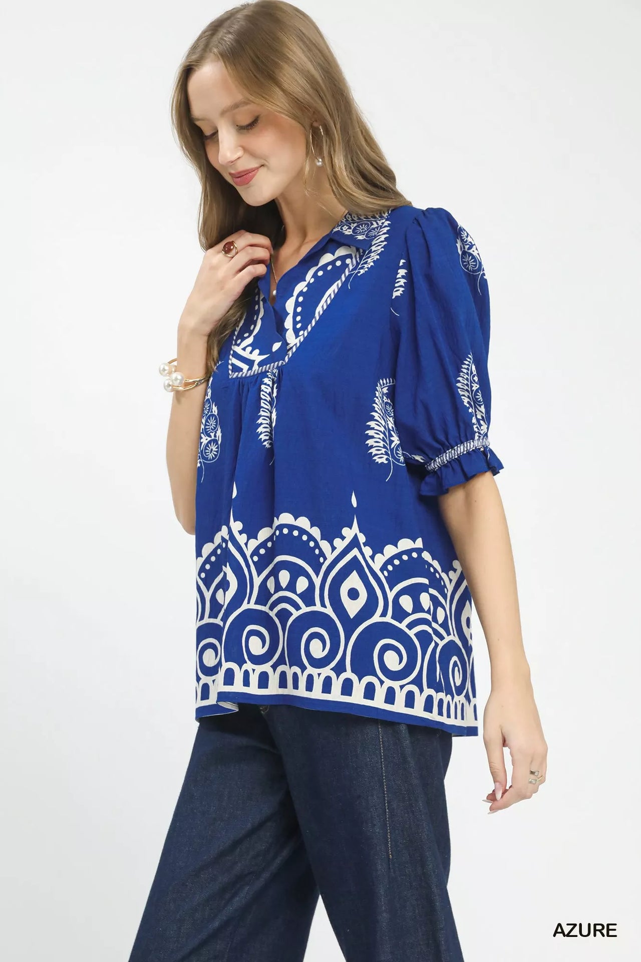 Umgee Printed Puff Sleeve Split Neck Top