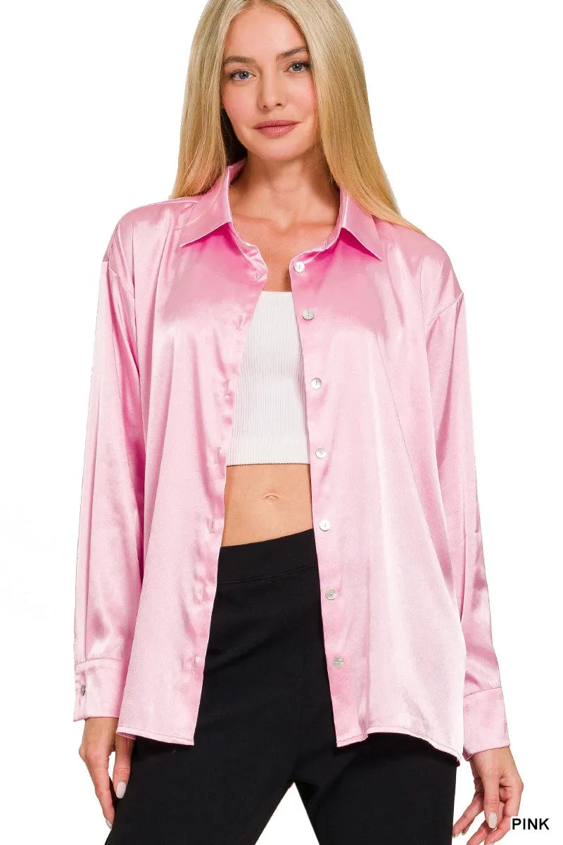 Zenana Satin Button Down Long Sleeve Shirt