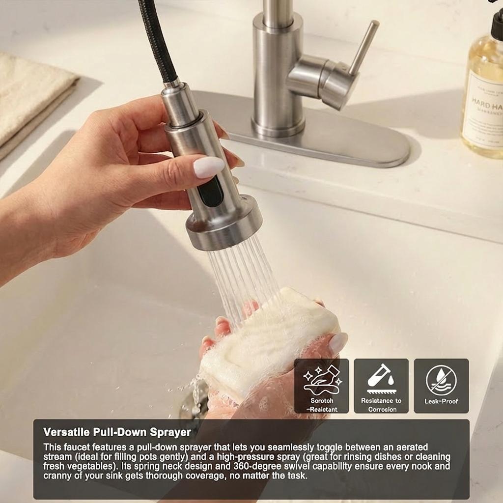 Kitchen Faucet with Pull Down Sprayer Industrial 1 Handle 1 Hole Or 3 Hole Faucet for Farmhouse Camper Laundry Utility Rv Wet Bar Sinks, Stainless Steel, Brushed Nickel