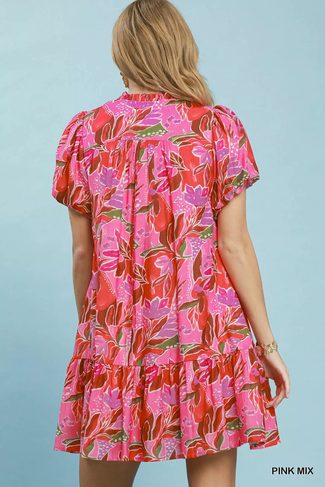 Umgee Tropical Floral Puff Sleeve Tiered Mini Dress
