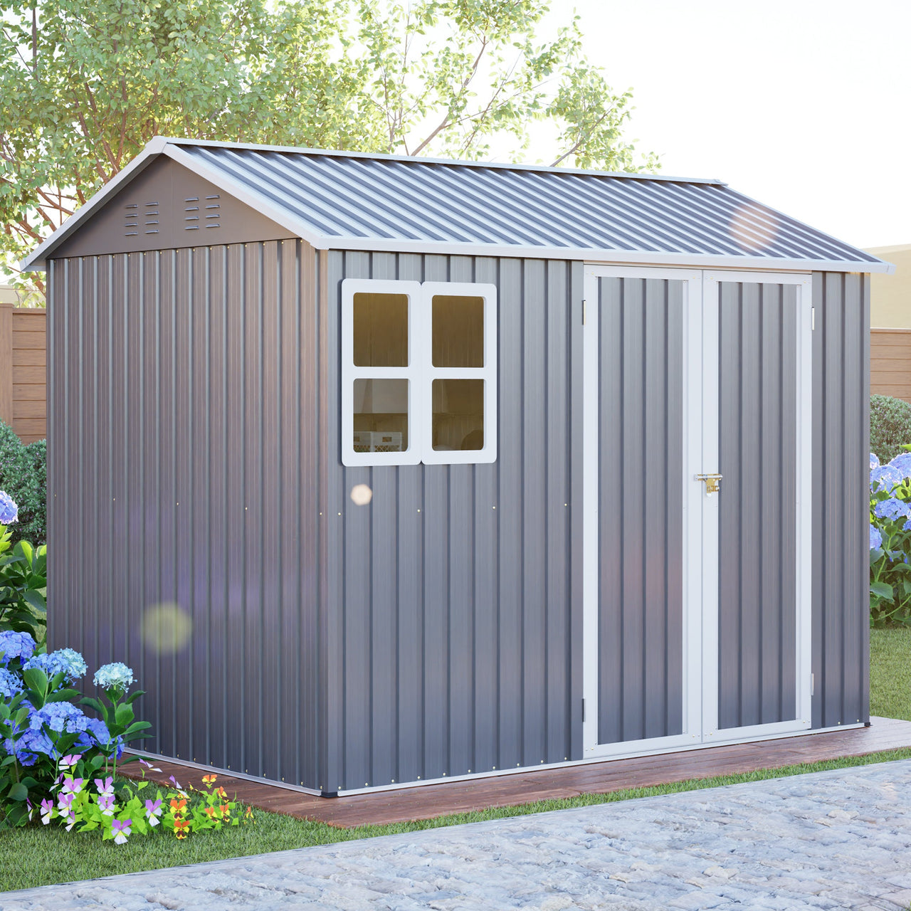 8'x6' Large Steel Storage Shed with Window, Lockable Doors & Sloped Roof, Heavy Duty Outdoor Tool Shed for Garden, Patio, Backyard, Lawn - Dark Gray