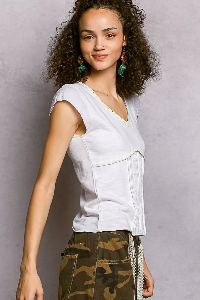 POL V-Neck Lightweight Textured Short Sleeve Knit Top with Lace Trim