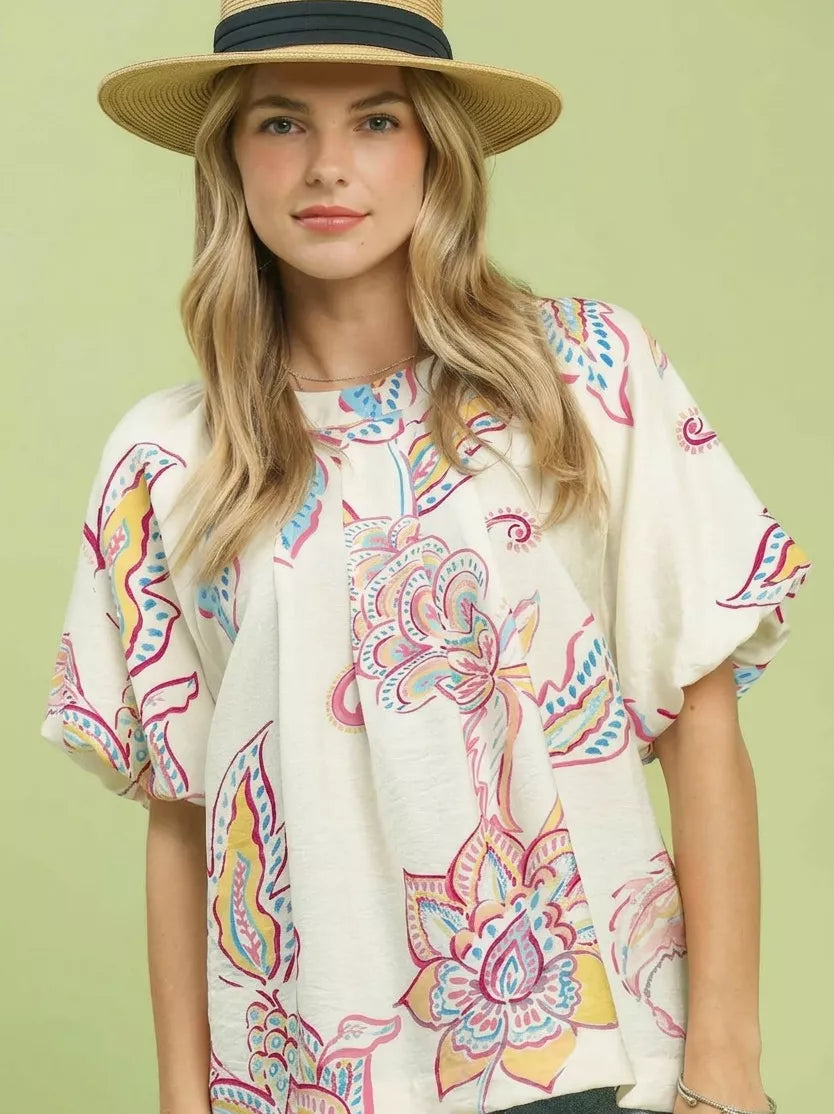 Umgee Paisley Print Puff Sleeve Top