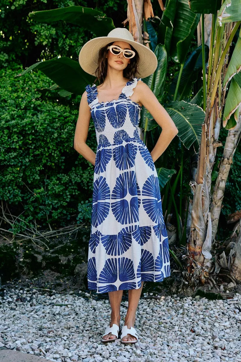 SO ME Abstract Print Smocked Bodice Tiered Lined Midi Dress