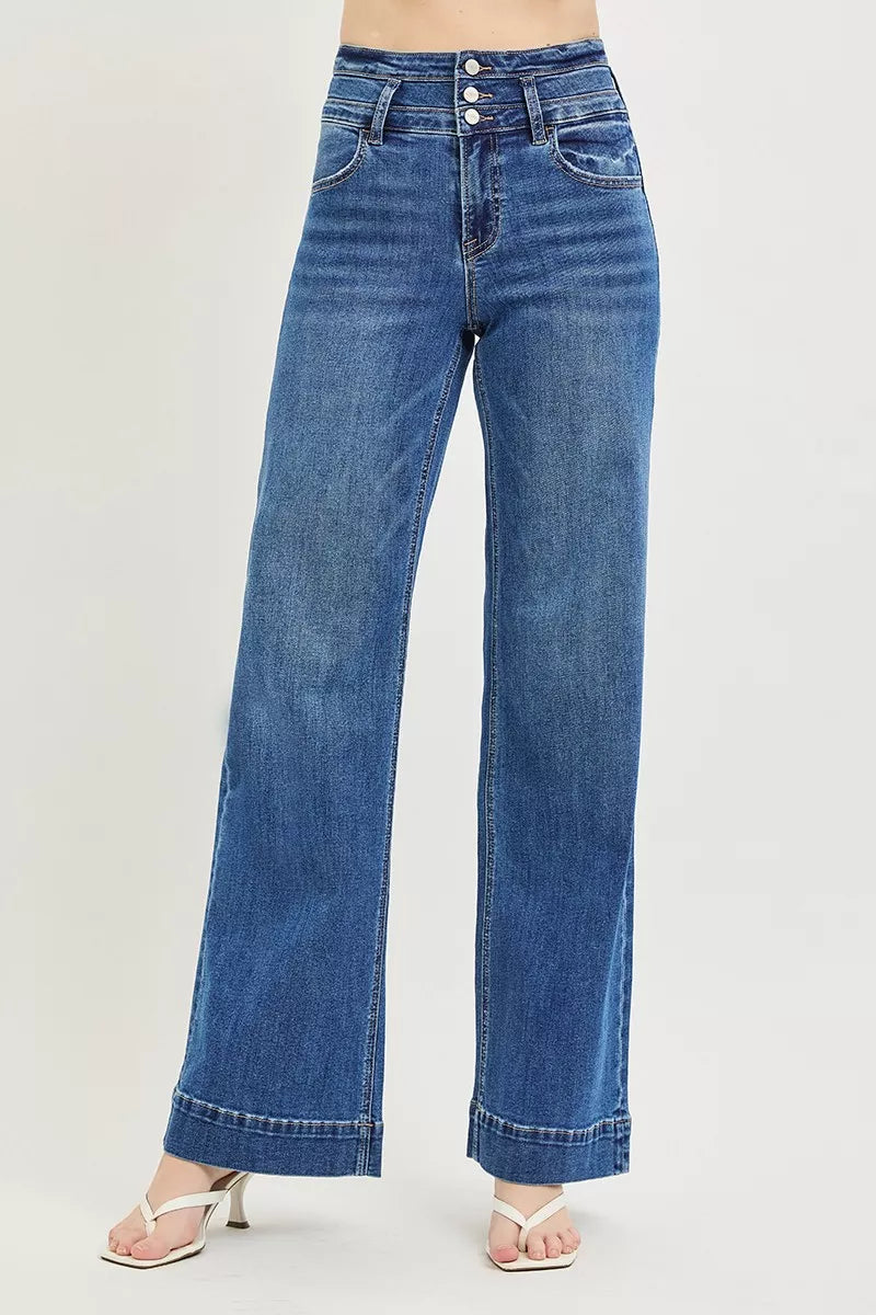 RISEN High Rise Wide Leg Wide Band Detail Jeans