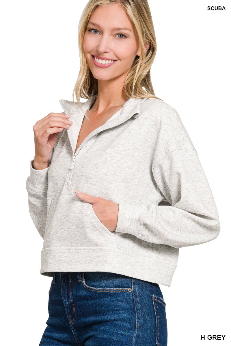 Zenana Scuba Half Zip Pullover With Kangaroo Pockets