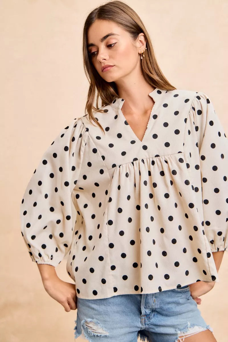 BiBi Polka Dot Corduroy Quarter Sleeves V Neck Blouse