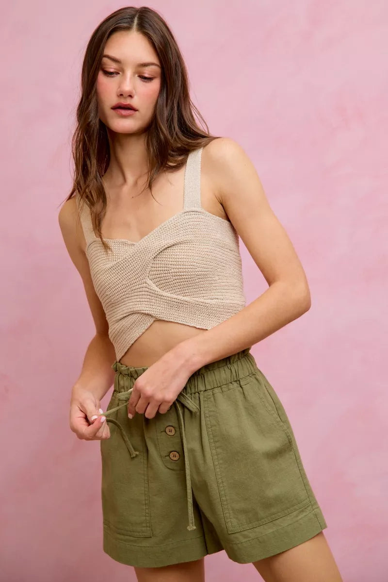 SO ME Paper Bag Patch Pocket Drawstring Twill Shorts