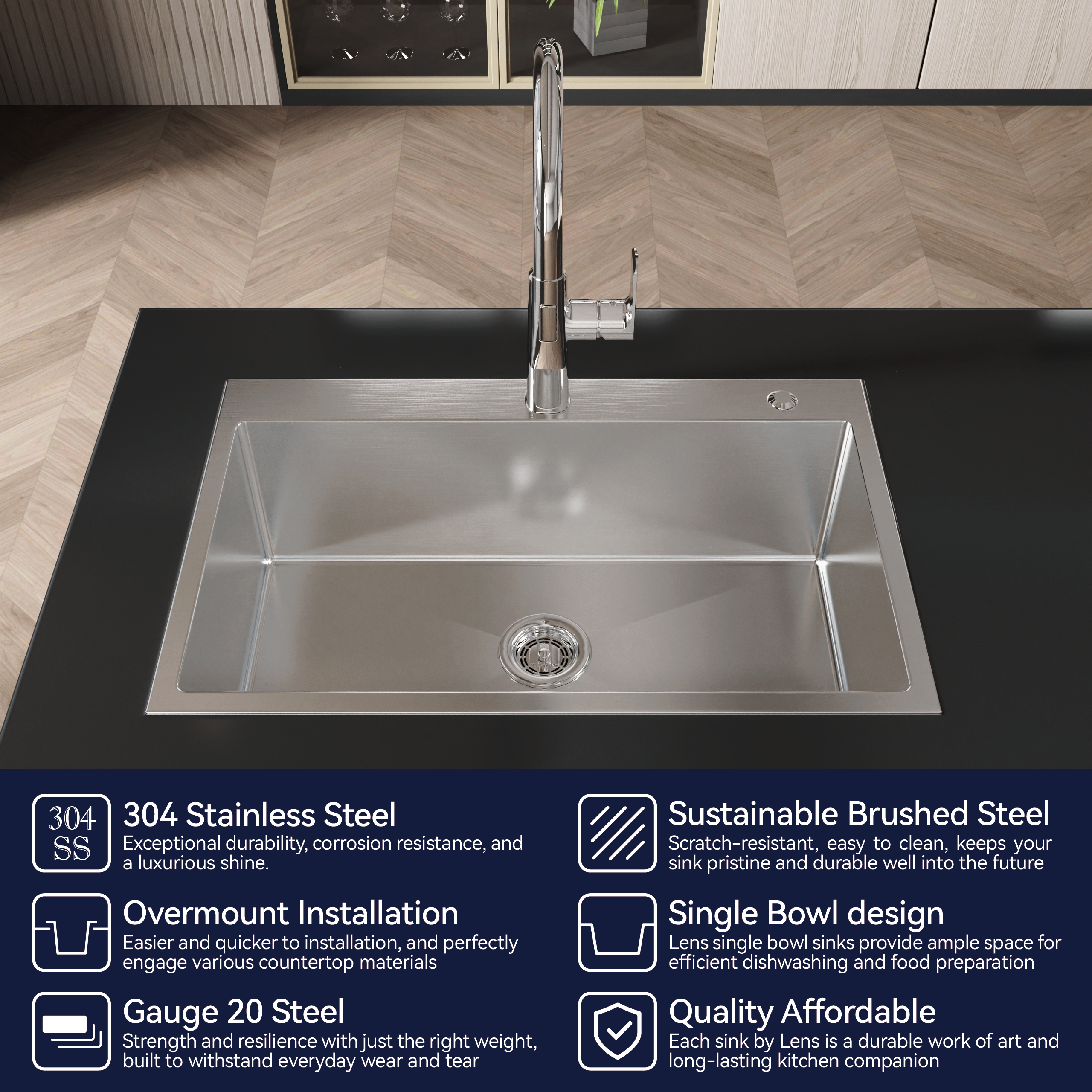 Stainless Steel Kitchen Sink, 30″x19″ Single Bowl, Overmount Handmade Sink in Brushed Nickel, with US Standard Drain and Hook, LS-SSBR04
