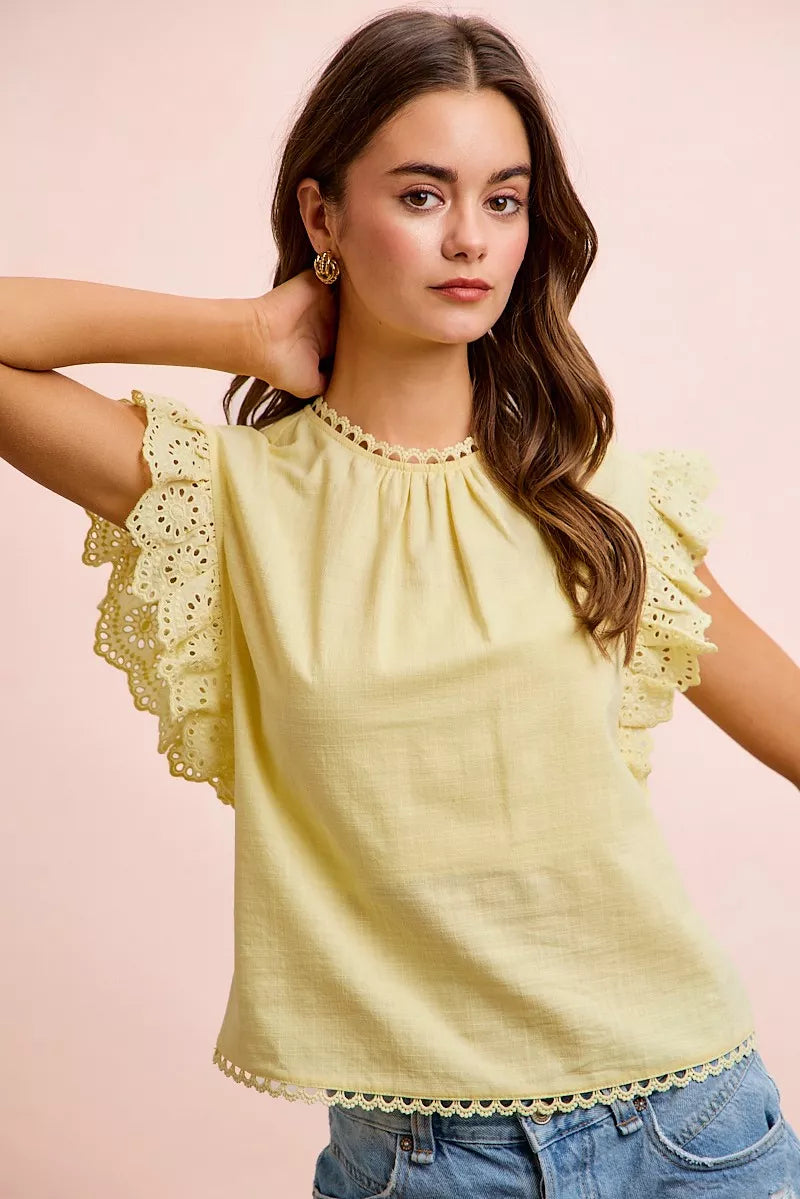 BiBi Cotton Solid Ruffle Sleeve Lace Detail Blouse Top