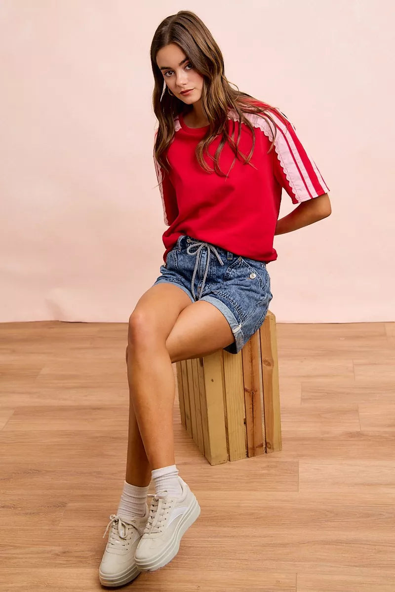 BiBi French Terry Side Lace Detail Short Sleeves Top