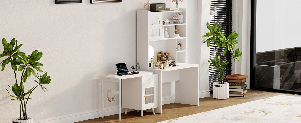 Computer Desk with 90 Degree Rotating Desktop, 43x70 Inch Office Desk with Storage Drawer and Cabinets, Gaming Desk with Shelves, Writing Desk for Study, Work Desk for Home (Old SKU:N733P279101K)