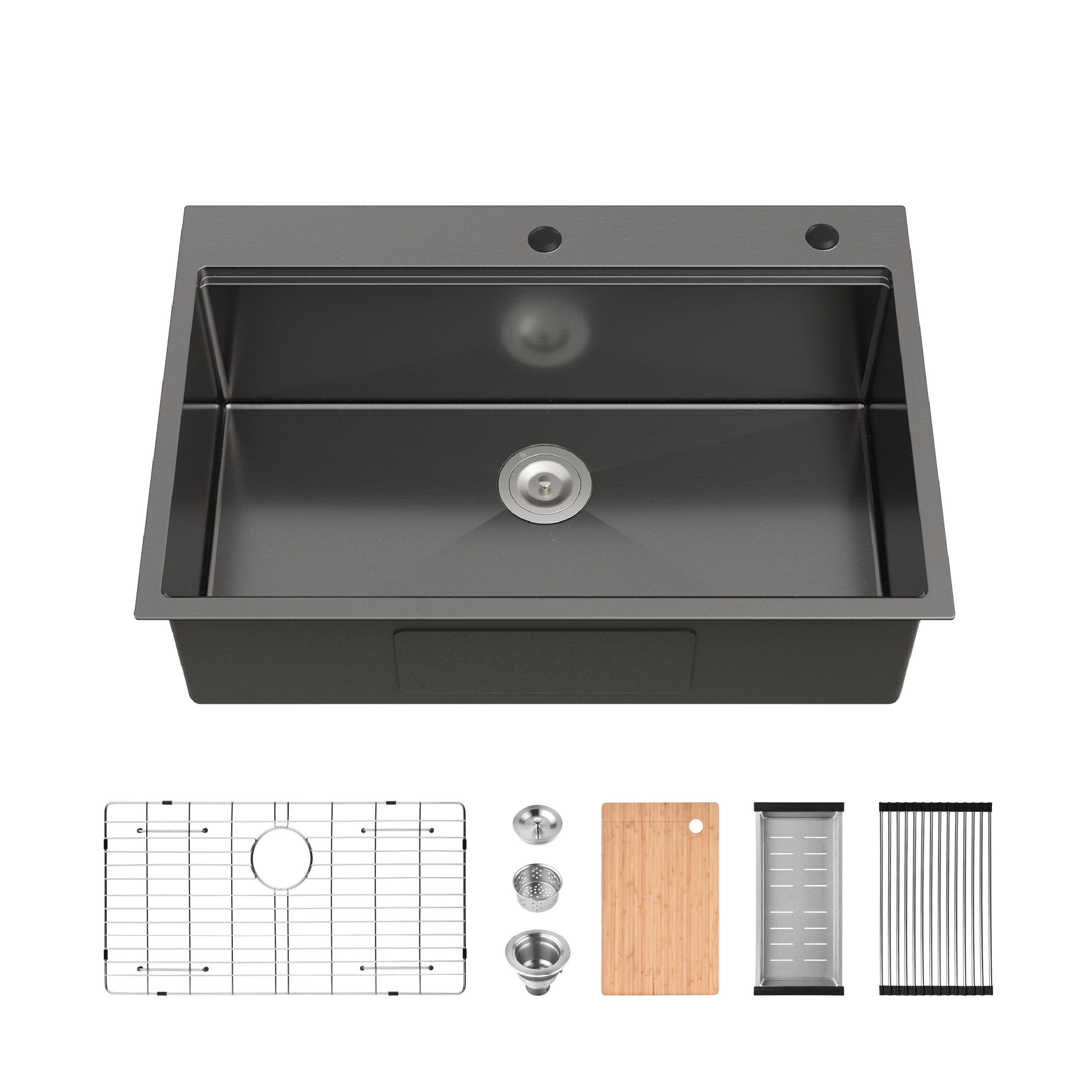 Stainless Steel Kitchen Sink, 33″x22″ Single Bowl, Overmount Handmade Sink in Black, with Cutting Board, Colander, Grid, SS-BL-01